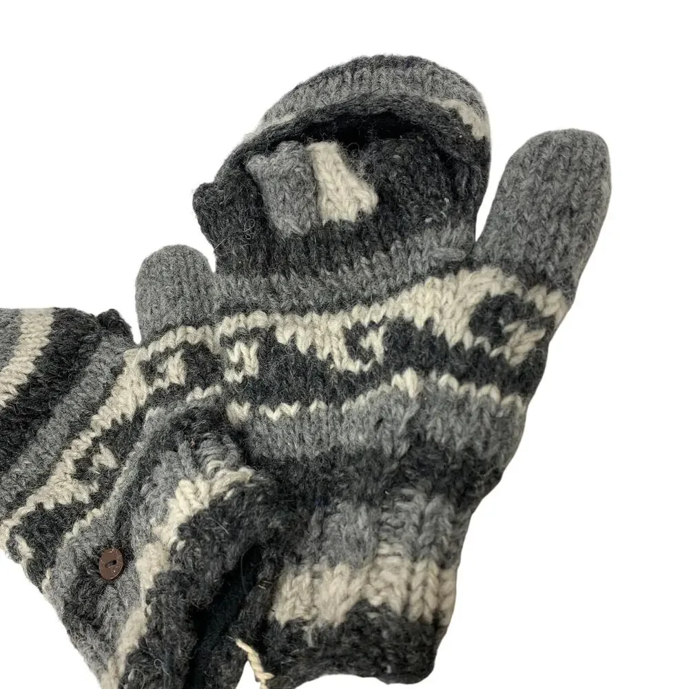 100% Wool Convertible Mittens Fingerless Gloves Nepal Gray Fair Isle Hand Knit